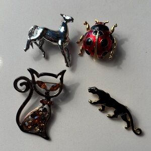 Vintage Animal Brooch Lot Cat Panther Horse Ladybug Enamel granny core